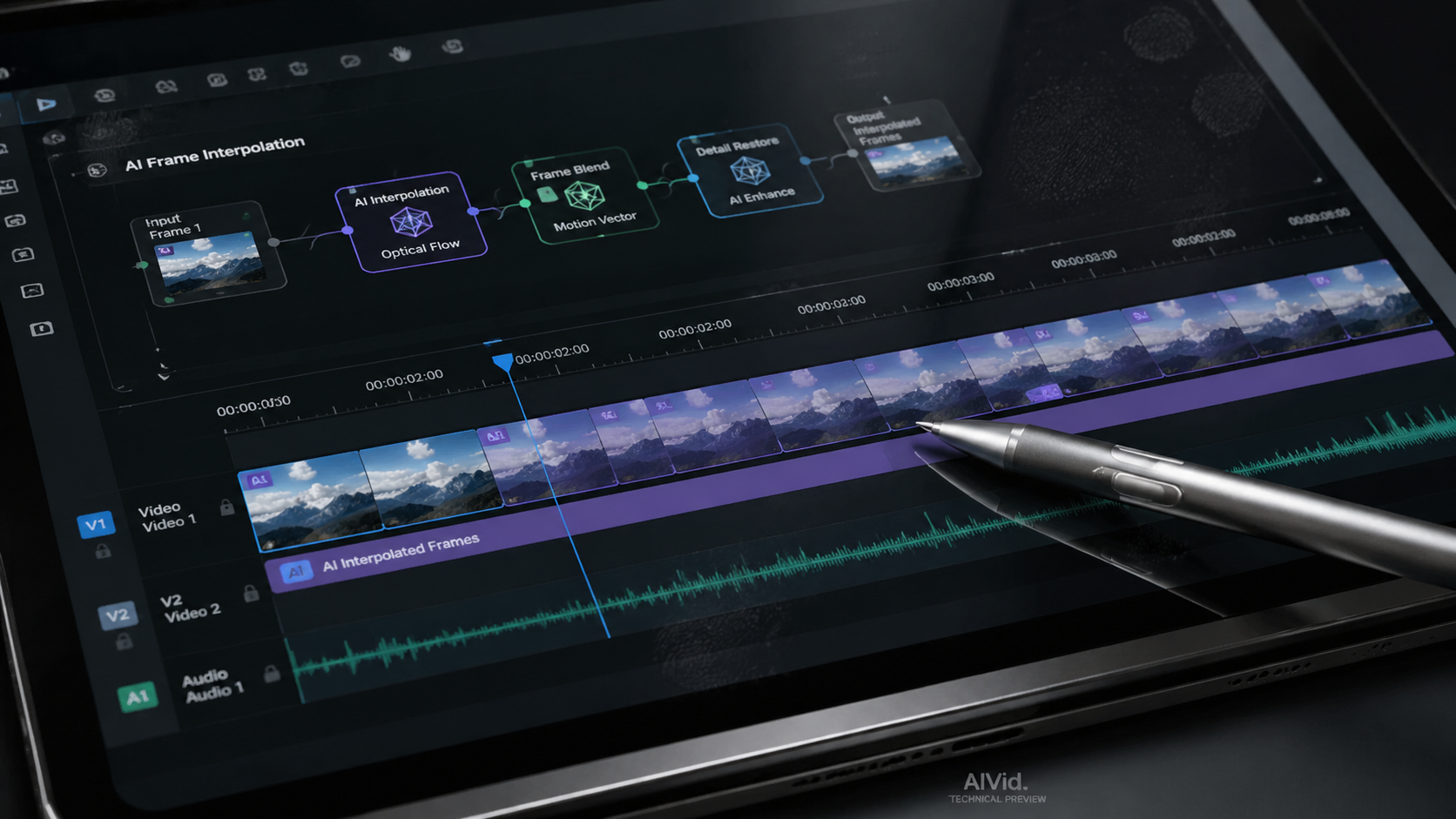 Macro view of a tablet screen showing video motion control timelines and frame interpolation settings for Canva AI video motion generation. [UI/UX Technical Shot] A high-resolution, extreme close-up of a high-end designer's tablet screen displaying a video motion timeline with AI automated frame interpolation nodes. A metal stylus rests on the glass, capturing detailed reflections and fingerprints on the glossy surface. Soft studio lighting. Subtle 'AIVid.' technical watermark on the screen's bo