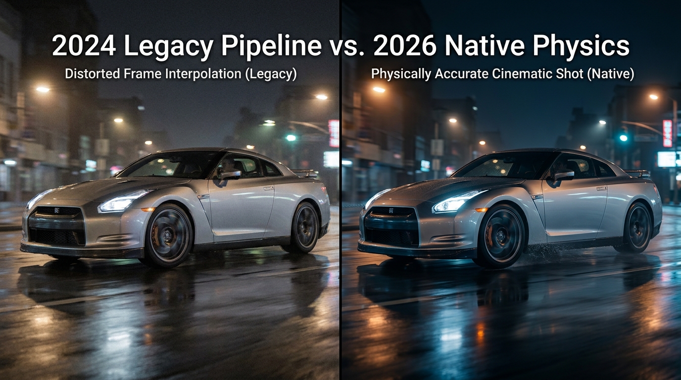 Side-by-side comparison of blurry 2024 legacy AI video and hyper-realistic 2026 native physics rendering