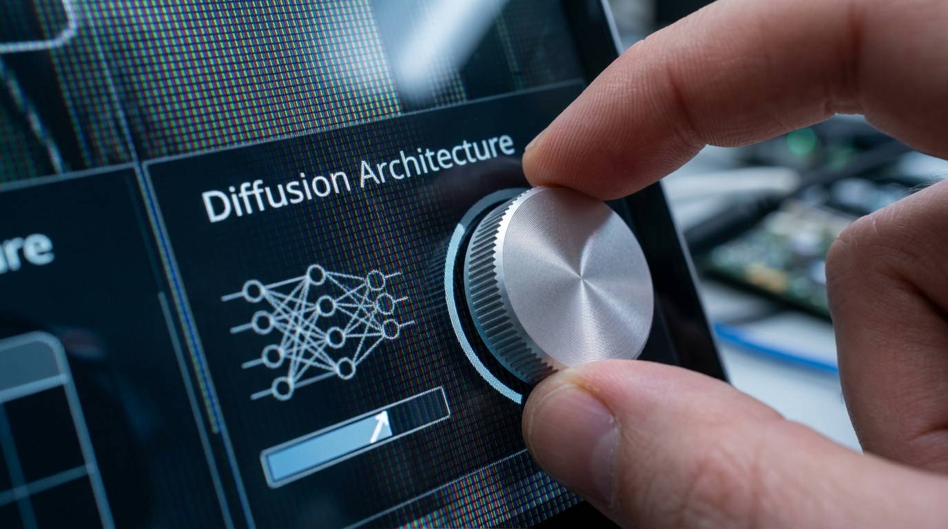 Macro shot of a high-end software UI dial labeled Diffusion Architecture on a glass monitor.