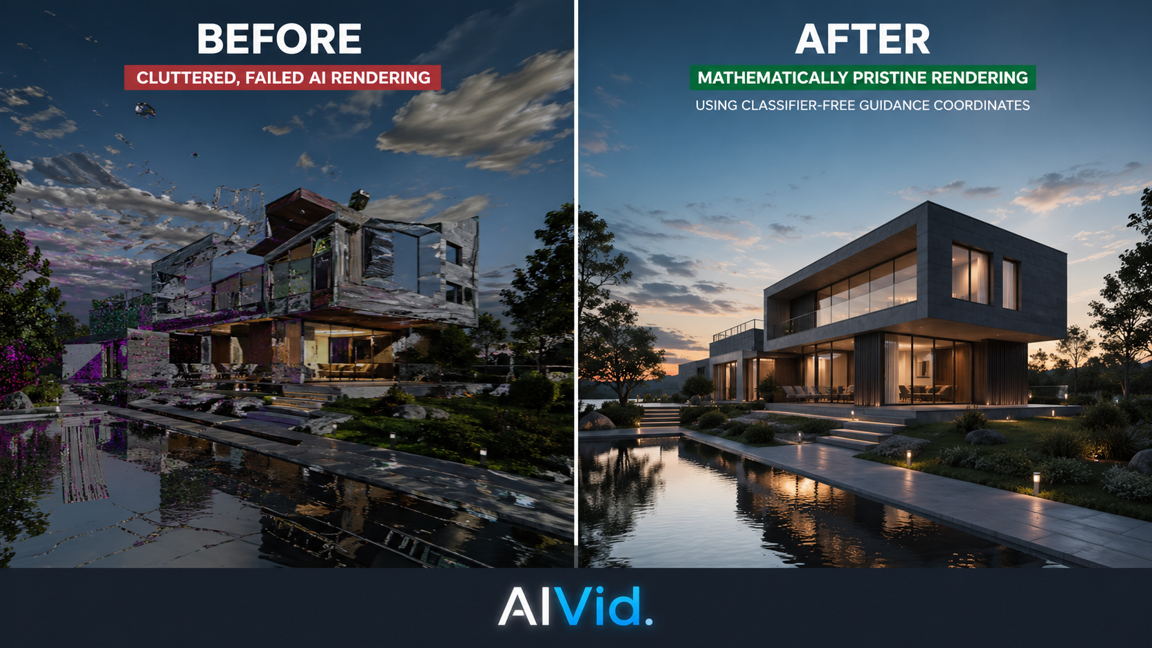 Before and after comparison of an image generated with and without Classifier-Free Guidance negative weights. [Before/After Split] Professional split-screen. Left shows a cluttered, failed AI rendering. Right shows a mathematically pristine rendering using Classifier-Free Guidance coordinates. AIVid. watermark at the base.