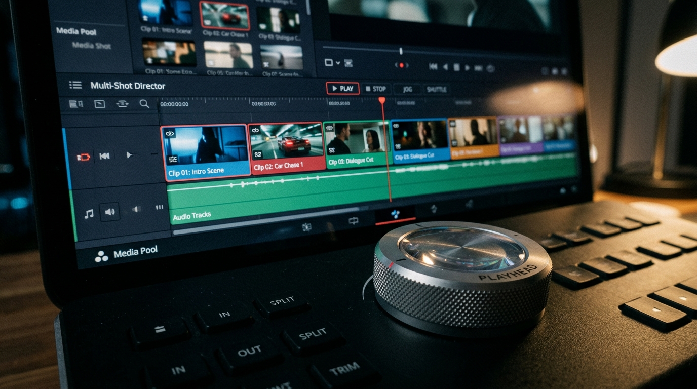 UI technical shot showing a timeline interface with six linked AI video sequences and a mechanical editing console.