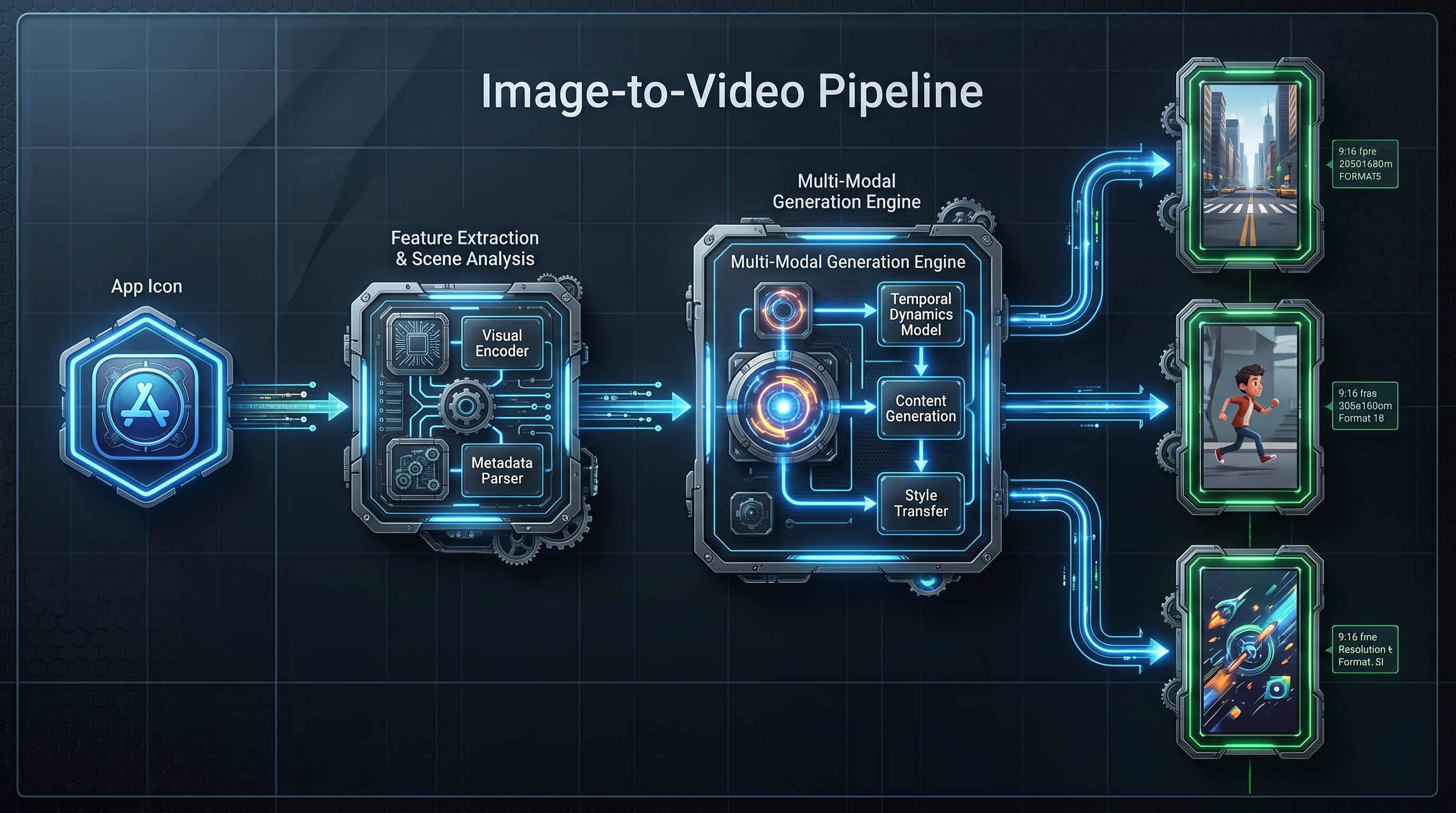 Technical workflow diagram showing the conversion of static app store assets into 9:16 vertical video formats.