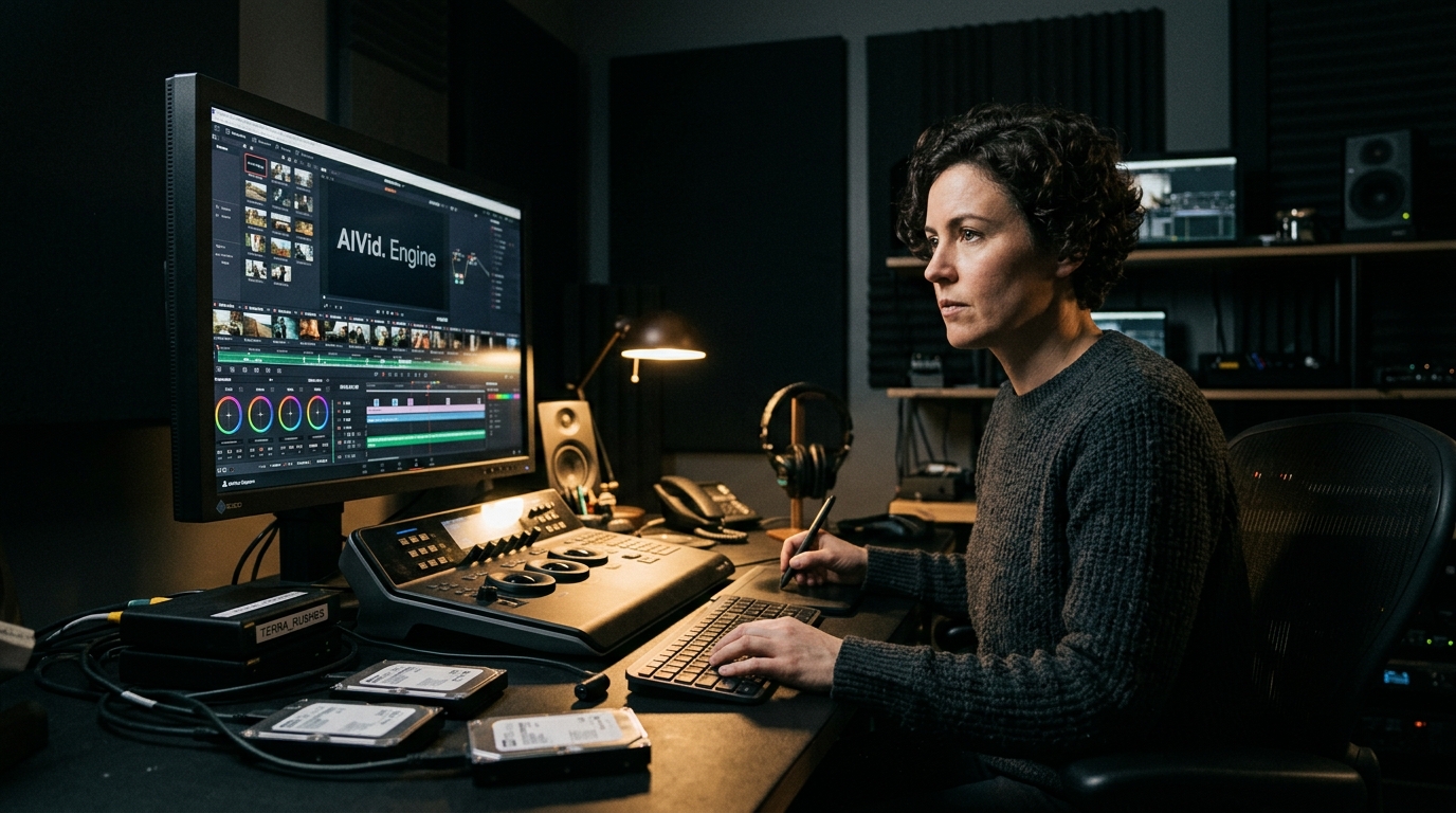 Professional video editor utilizing the AIVid Engine dashboard in a high-end production workspace.