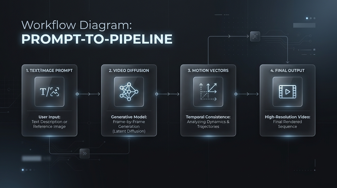 A logical workflow diagram illustrating the step-by-step process of prompt-to-pipeline AI video generation.