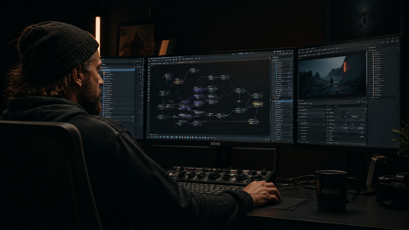 A professional creator working on what is comfyui node architecture in a dark editing bay. [Editorial / Documentary] High-end, moody chiaroscuro photography of a professional creator in a dark workspace looking at a multi-monitor setup displaying a complex node-based interface. Clean, grounded tech editorial style. Subtle 'AIVid.' typography integrated into the monitor bezel.