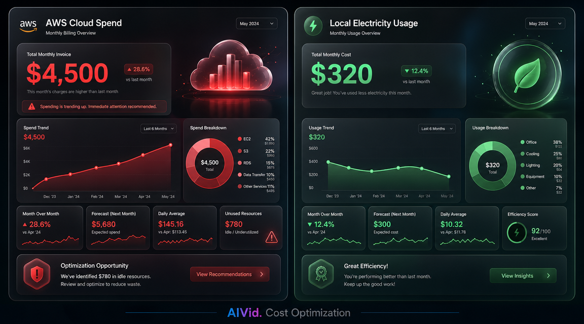 A split-screen comparison showing high monthly cloud rental rates versus low local electricity usage costs. Split-screen UI dashboard. Left side showing a massive $4,500 AWS monthly billing invoice in red. Right side showing a $320 local electricity usage stat in green. High-end glassmorphic UI, clean typography, financial analytics visual style. "AIVid. Cost Optimization" watermark. 16:9.