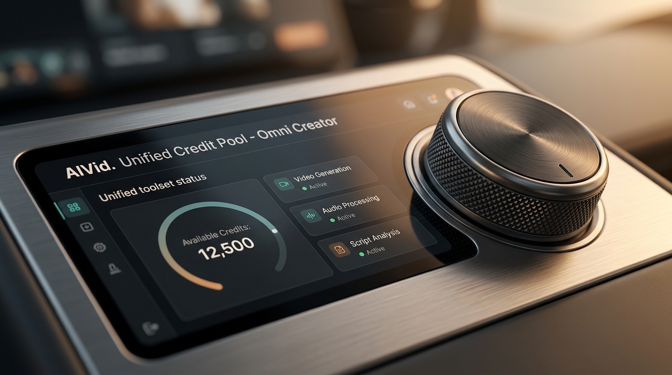 The AIVid platform dashboard showing the Unified Credit Pool and Omni Creator tier active.