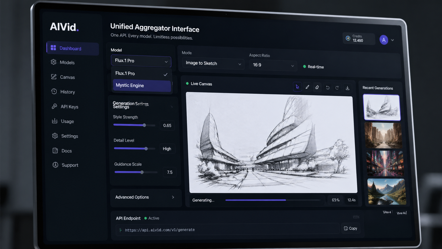 UI technical shot of the Freepik AI art generator dashboard showing instant model switching and real-time sketch processing for agencies. Macro photograph of a professional agency monitor displaying an aggregator dashboard. The clean UI features drop-down menus seamlessly switching between 'Flux.1 Pro' and 'Mystic Engine', alongside a real-time sketching canvas. Soft studio lighting, sharp depth of field, sleek aluminum display bezel visible.