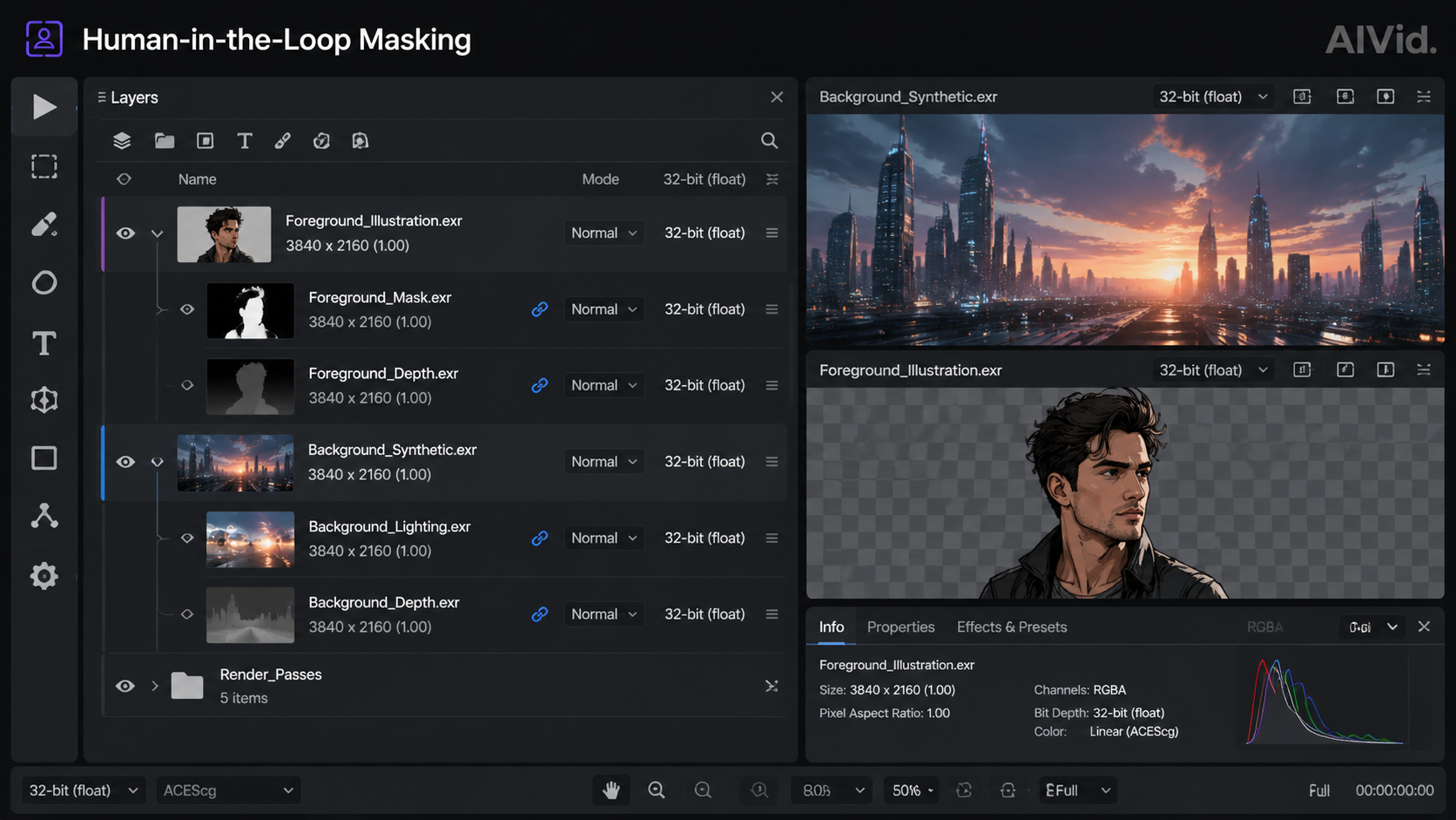 UI technical shot of 32-bit EXR layer separation in professional compositing software to ensure ai copyright compliance. Macro view of a high-end compositing software UI showing 32-bit EXR files with separated synthetic background and human-illustrated foreground layers. Focus on the layers panel and sharp interface details.