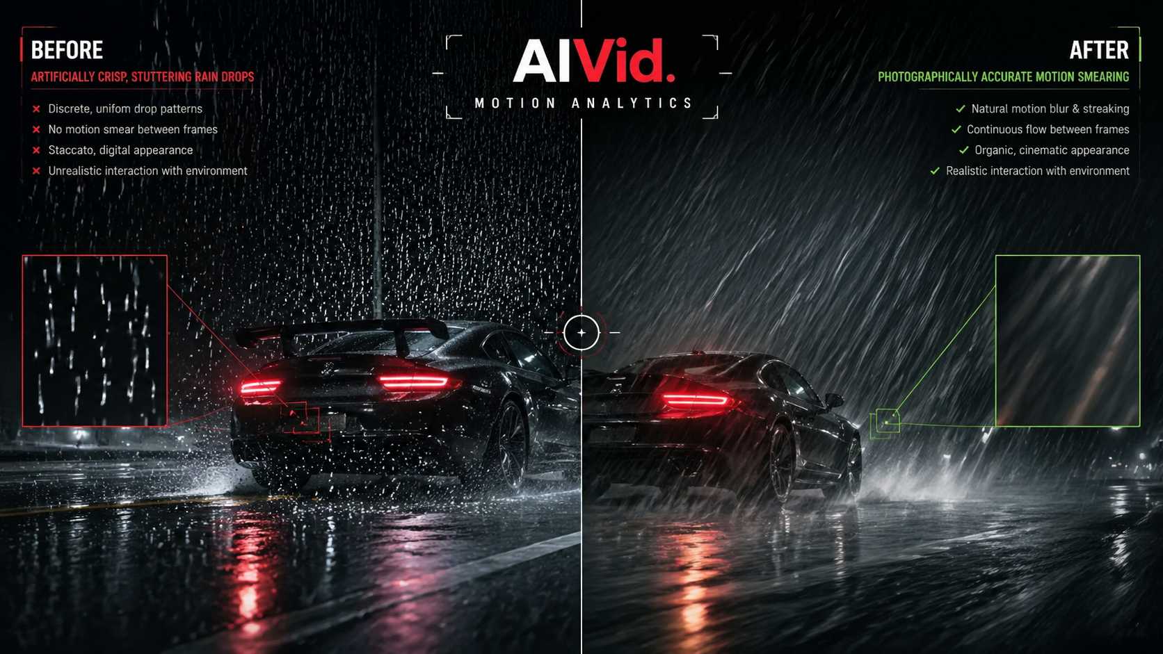 Technical comparison demonstrating the motion blur paradox in high-resolution AI video generation during fast movement. [Before/After Split] Split-screen technical breakdown of a high-speed car driving through rain. Left shows artificially crisp, stuttering rain drops. Right shows photographically accurate motion smearing. Cinematic chiaroscuro lighting. 'AIVid. Motion Analytics' integrated text.