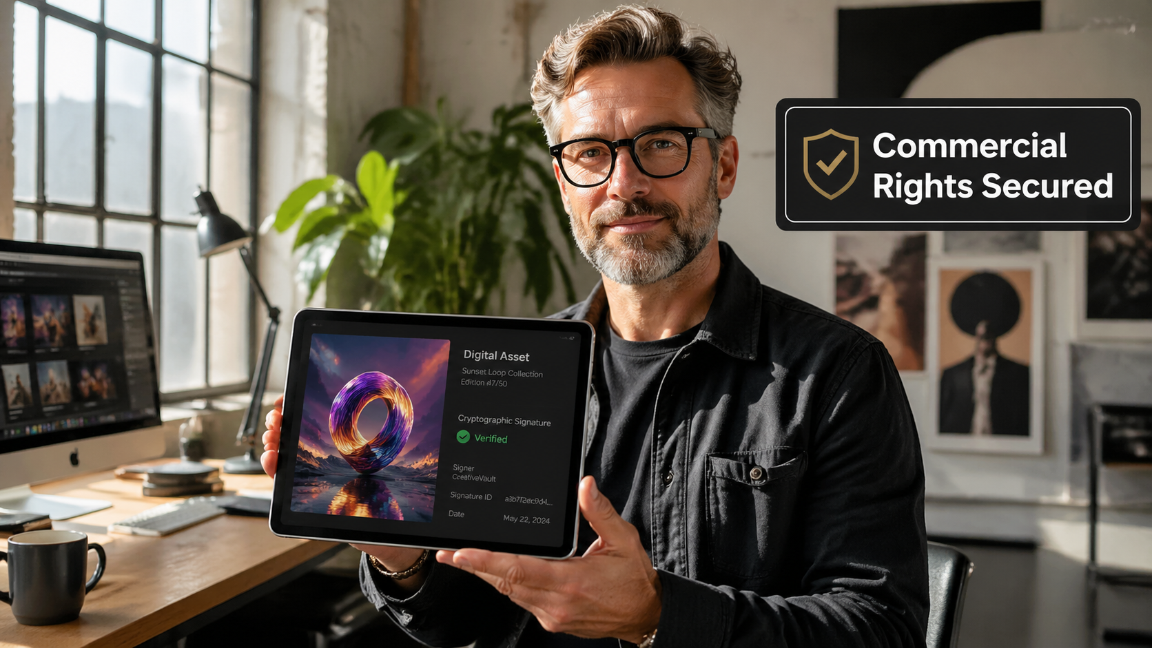 Creative director confidently managing commercial AI assets and ai copyright laws using an AIVid paid subscription. High-end editorial photography of a confident creative director in a modern, sunlit studio, holding a tablet displaying a finalized digital asset with a verified cryptographic signature. Professional, grounded aesthetic.