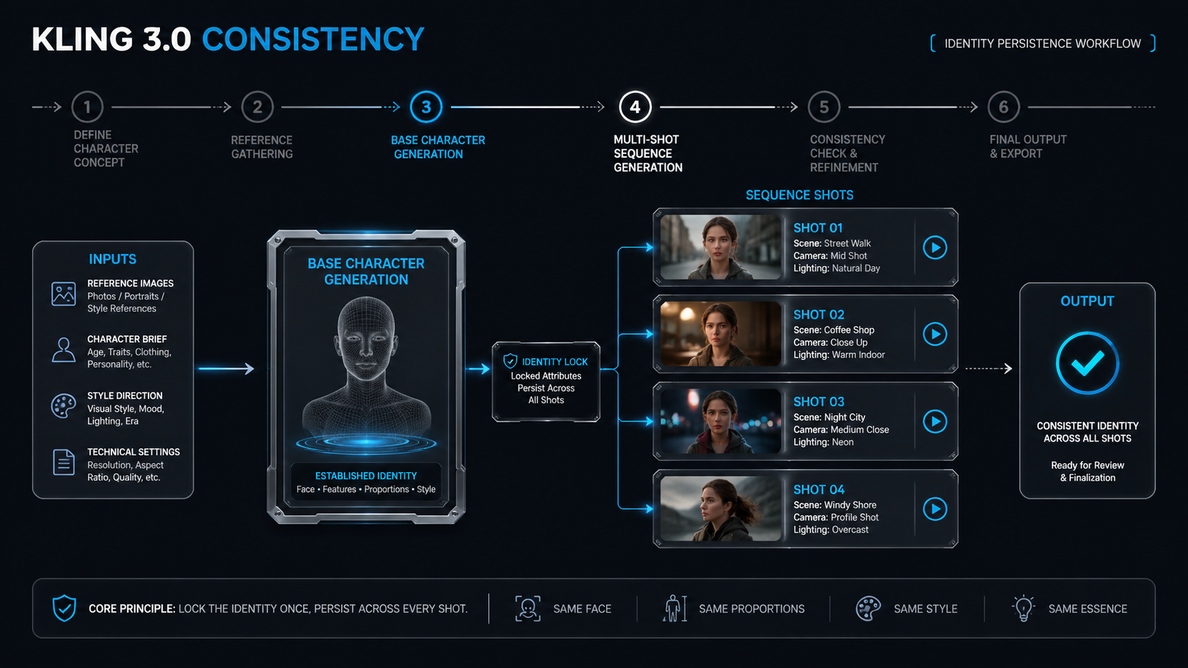 Workflow diagram demonstrating Kling 3.0 identity persistence and character consistency pipeline.