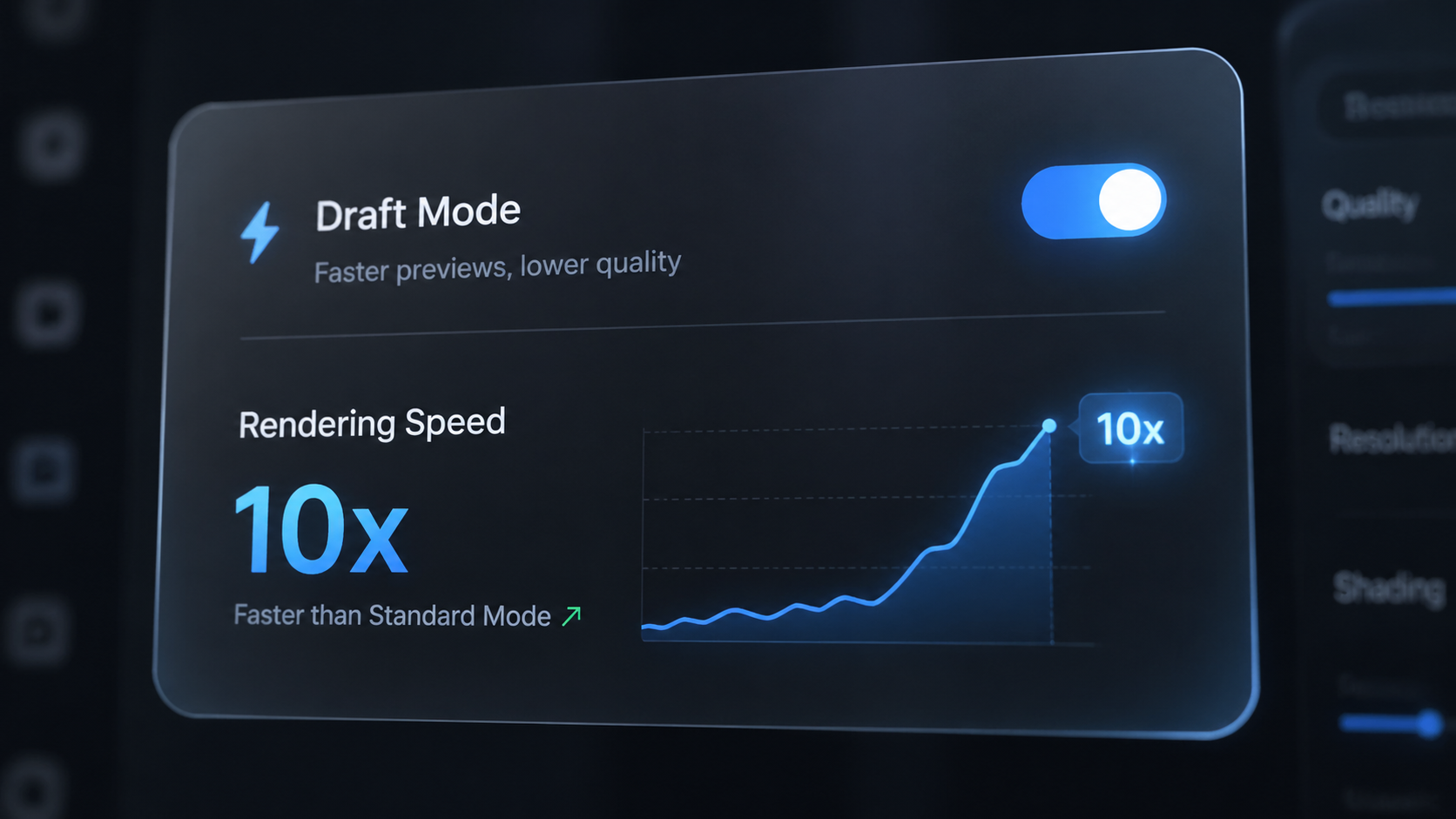AIVid. Dynamic Draft Mode Interface - [UI/UX Technical Shot] A macro shot of a sleek software interface panel showing a 'Draft Mode' toggle switch flipped on, with rendering speed metrics spiking to 10x in a frosted glass UI. Cinematic depth of field.