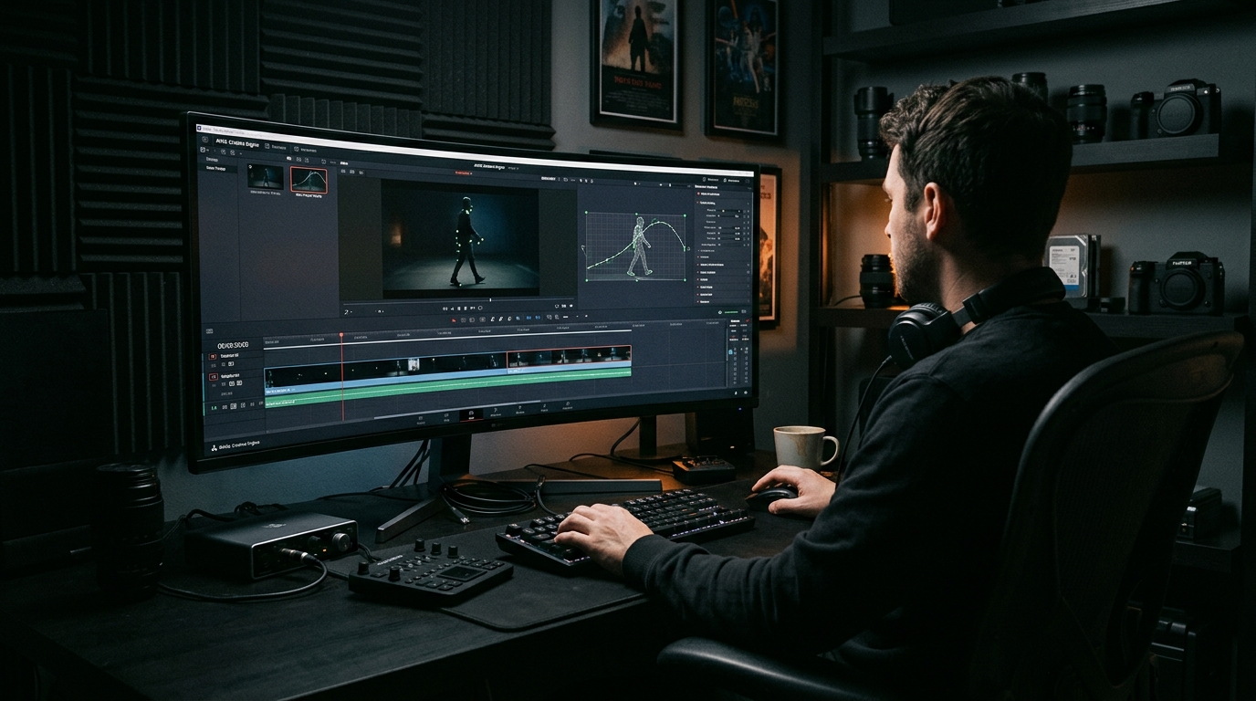 Professional video editor workspace with an ultra-wide monitor displaying AI motion transfer and tracking timelines in a dark, moody studio.