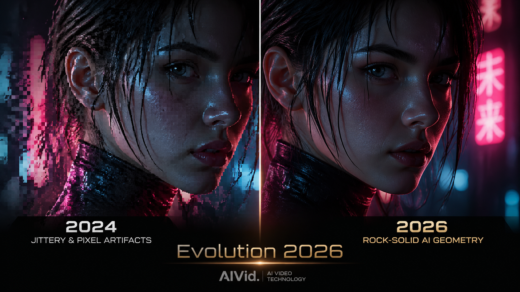 A side-by-side comparison of 2024 pixel artifacts vs 2026 AI geometry in cinematic ai video. Prompt: [Before/After Split] A 16:9 cinematic side-by-side macro view showing 2024 jittery pixel artifacts versus 2026 rock-solid AI geometry on a moody neon-lit subject. High-contrast Chiaroscuro lighting. Typography Label: 'Evolution 2026' with subtle AIVid. technical watermark.