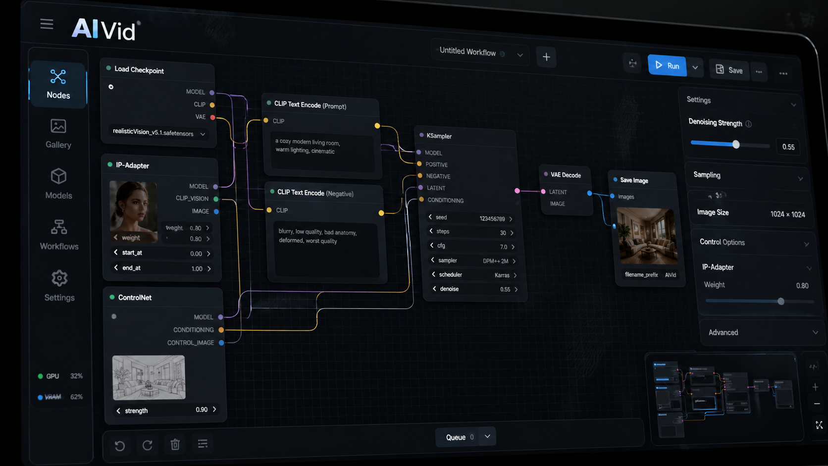 AIVid dark-mode software interface showing ControlNet structural controls and Denoising Strength slider for scaling e-commerce creatives. [UI/UX Technical Shot] A dark-mode software interface showing an IP-Adapter and ControlNet node tree with a Denoising Strength slider set to 0.55. Macro shot focusing on a matte glass monitor with subtle fingerprints and glowing metallic UI elements. Typography Label: AIVid.