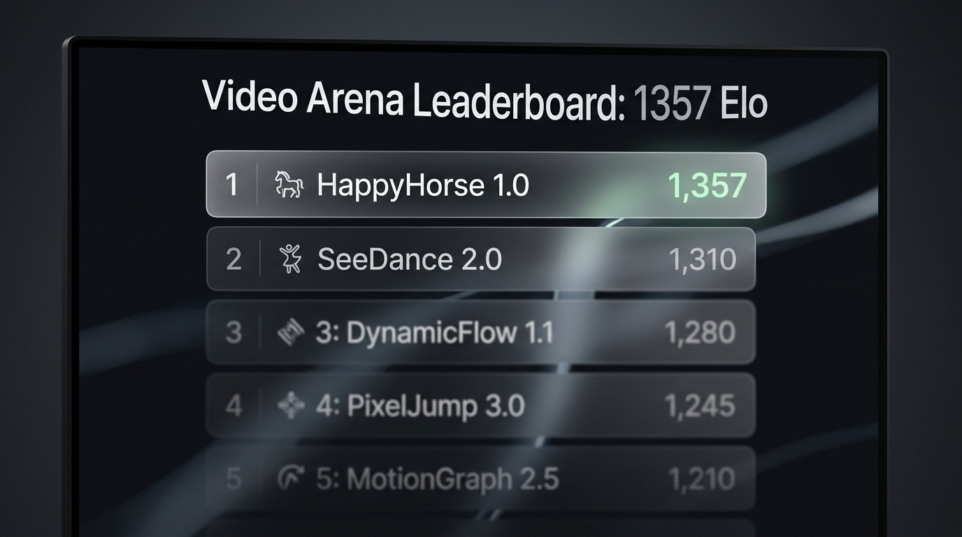 Dark mode data chart showing HappyHorse 1.0 overtaking SeeDance 2.0 on the Artificial Analysis Video Arena leaderboard.