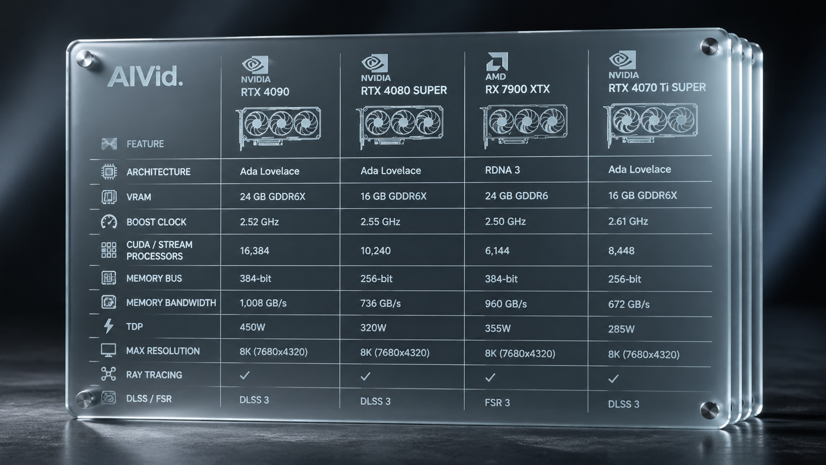 Hardware capability chart showing comfyui hardware efficiency for massive AI video generation optimization. [Data Chart / Table] A sleek technical table rendered as physical frosted glass cards, displaying graphical hardware capability comparisons. Cinematic studio lighting with soft shadows. 'AIVid.' logo cleanly etched into the glass surface.