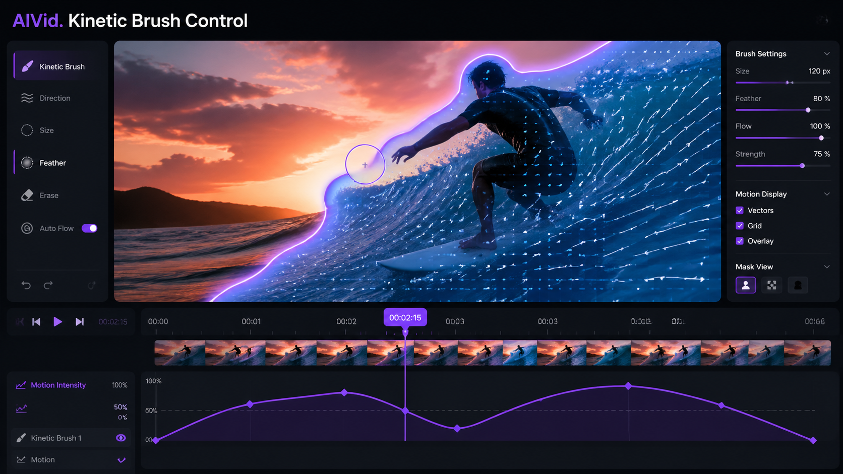Interface close-up of regional motion brush intensity sliders and feathered edge masks used for localized AI kinetic animation. [UI/UX Technical Shot] Crisp UI macro of a motion brush timeline. A highlighted feathered edge mask is applied to a digital canvas with motion intensity keyframes visible below. Typography: 'AIVid. Kinetic Brush Control'.