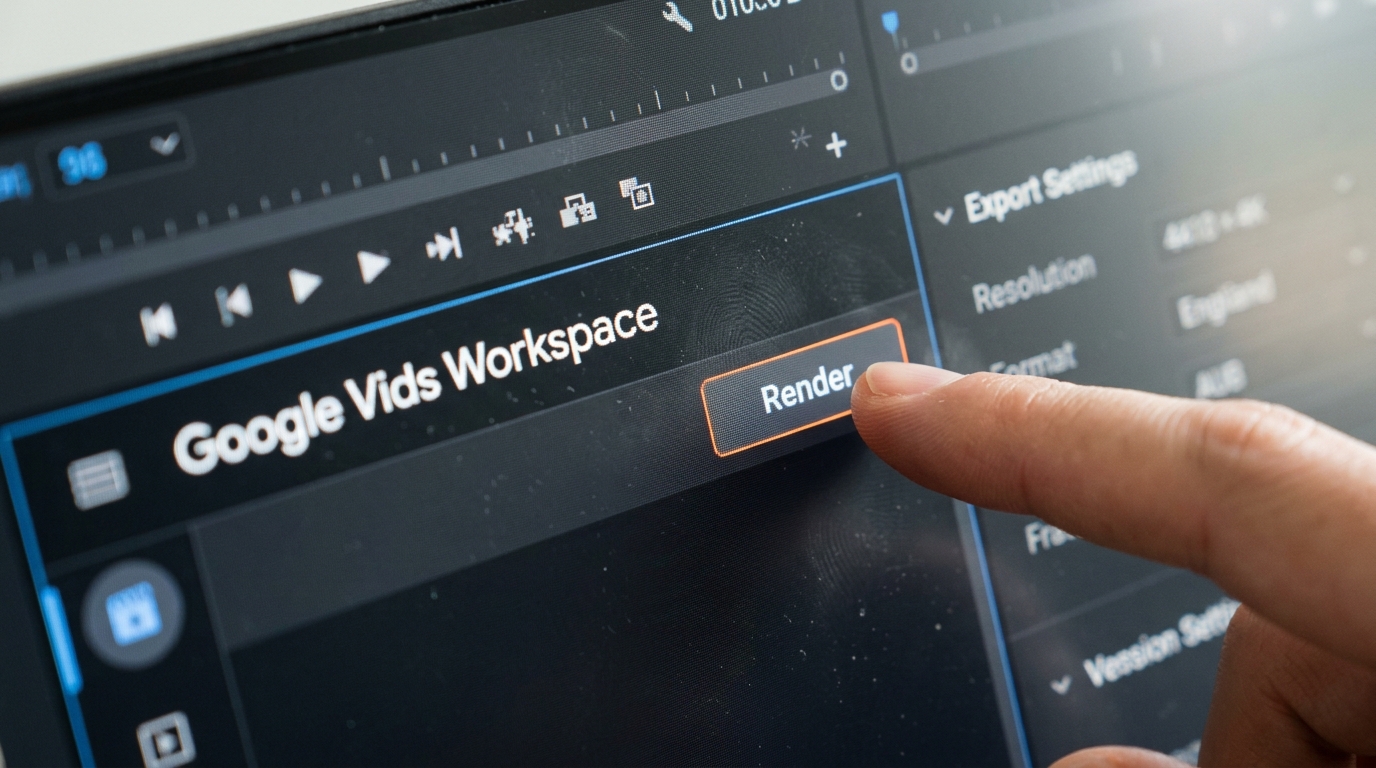 Macro shot of the Google Vids browser interface showing the video rendering timeline and workspace.