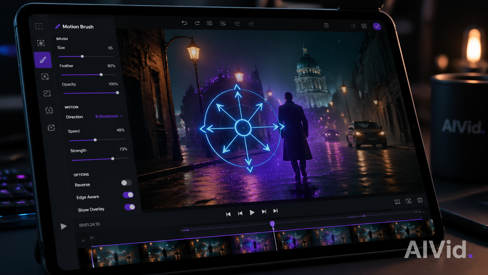 Tablet UI displaying the Motion Brush tool used to direct kinetic action in generative AI video. Prompt: [UI/UX Technical Shot] Close-up of a tablet screen featuring an active 'Motion Brush' tool. A glowing 8-directional vector dial is superimposed over a cinematic scene, demonstrating surgical pixel-painting for motion control. Deep moody workspace environment. Integrated typography watermark: 'AIVid.'.