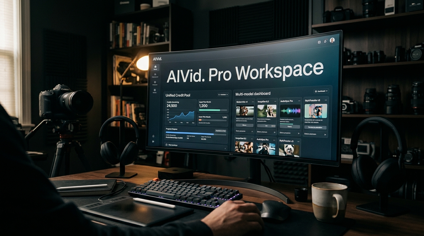 High-end editorial photography of a creative director using the AIVid multi-model generative workspace