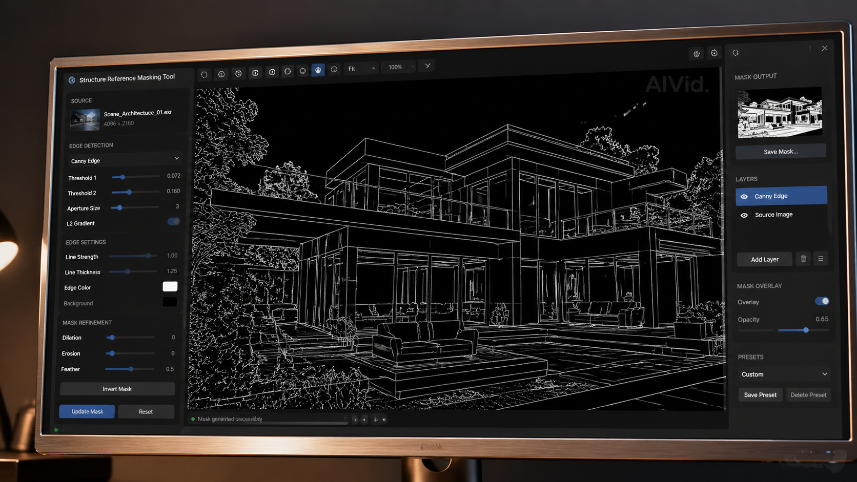 Software interface showcasing Canny Edge detection and structure reference masking tools used in Adobe Firefly AI for precise enterprise structural control. [UI/UX Technical Shot] Close-up of a high-end ultra-wide monitor showing a specialized structure reference masking tool. The UI displays complex Canny Edge detection lines highlighting a 3D architectural render with surgical precision. The physical monitor bezel is brushed aluminum, reflecting a warm desk lamp. 'AIVid.' watermark placed ligh