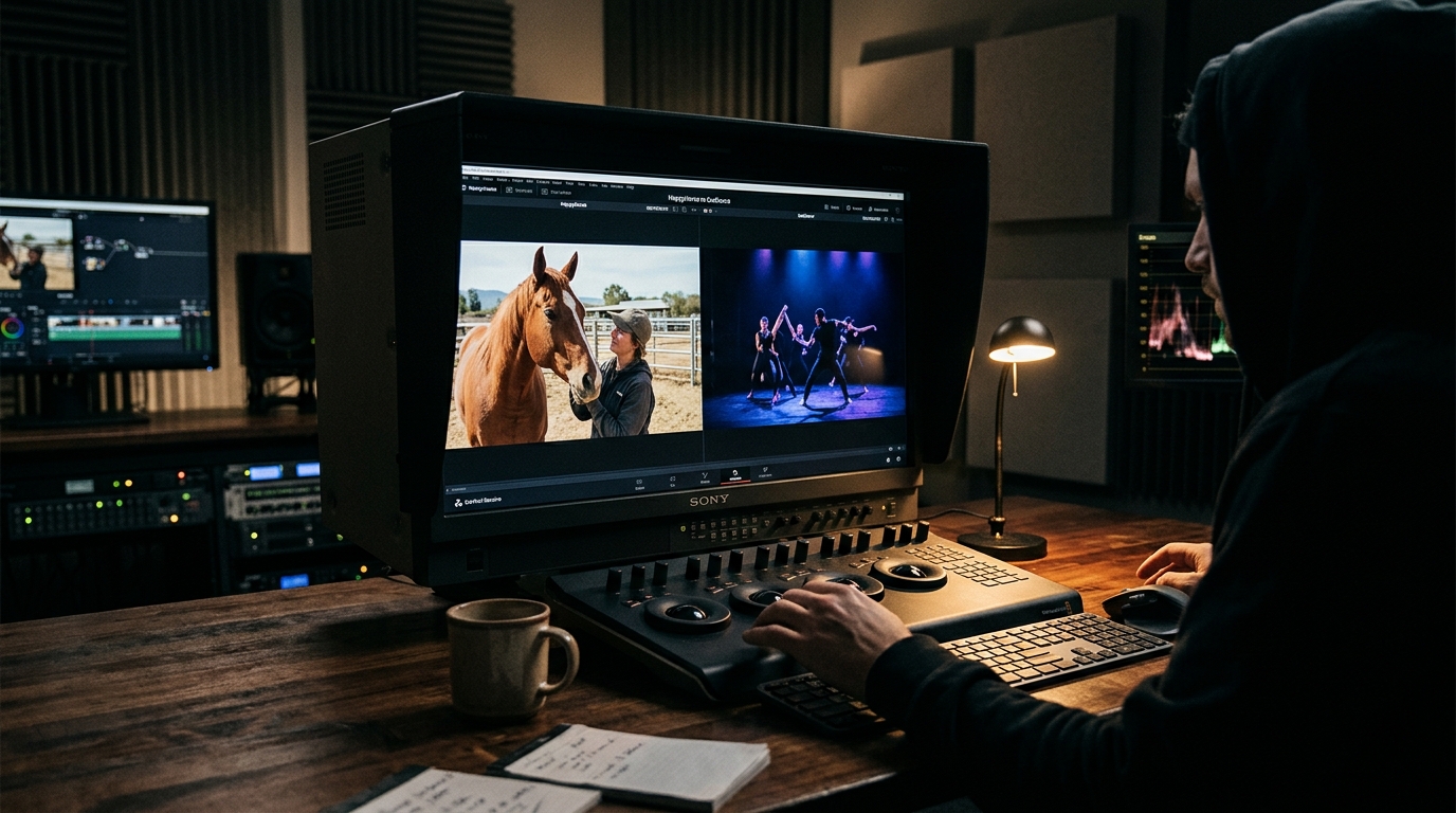 Side-by-side video generation comparison on a professional color grading monitor in a dark studio.