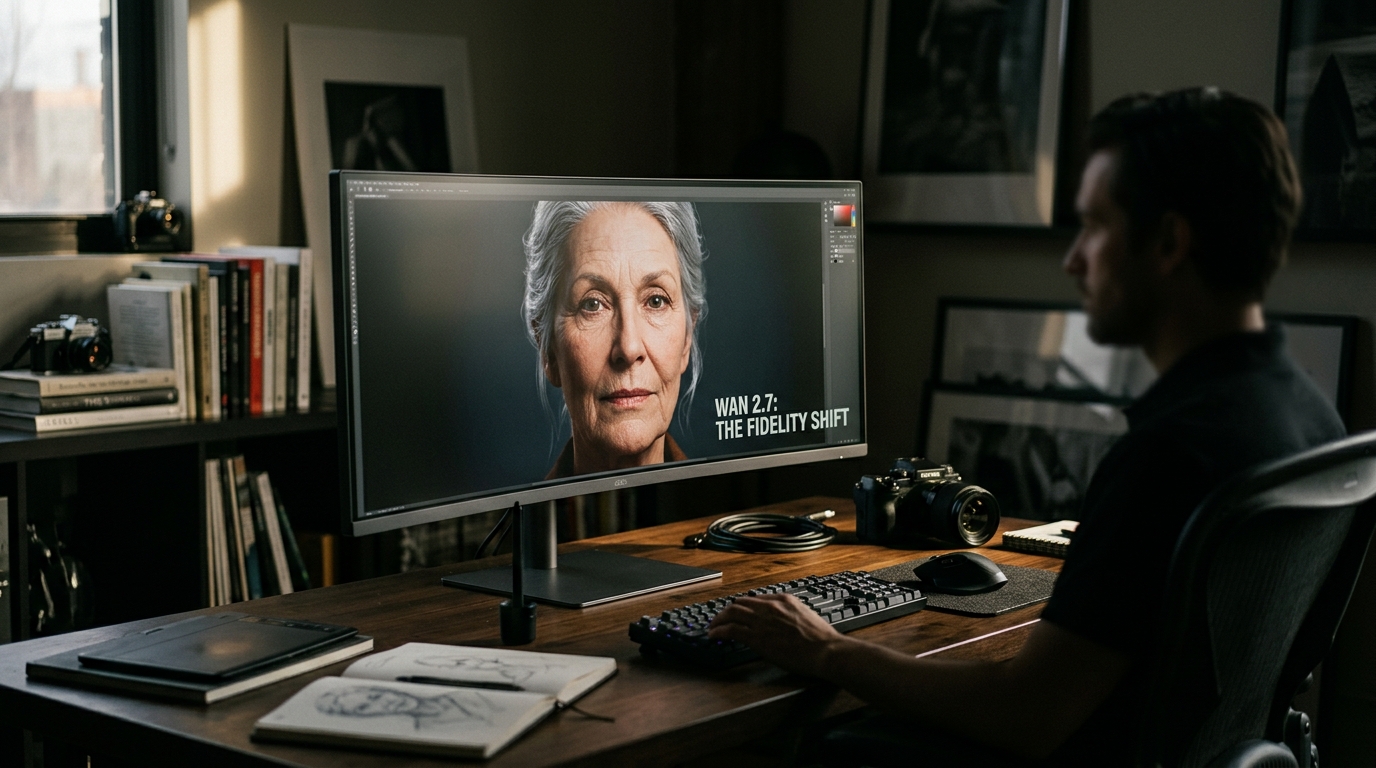 Professional creative workspace showing Wan 2.7 high fidelity image generation on a monitor.