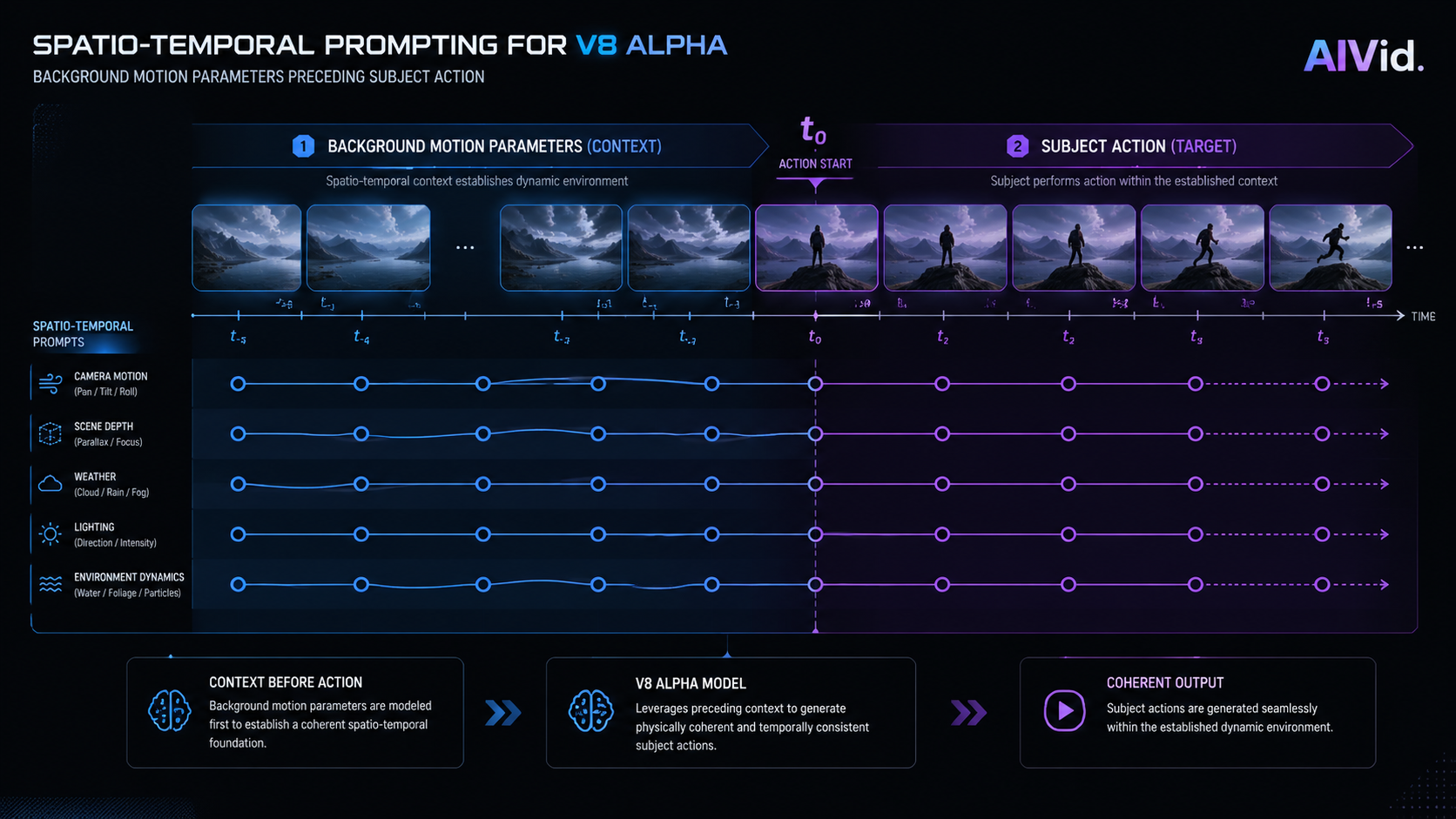 Timeline workflow diagram demonstrating spatio-temporal prompting for AI text-to-video generation. [Workflow Diagram] A structural timeline visualization representing spatio-temporal prompting for V8 Alpha. Shows background motion parameters preceding subject action. High-end tech aesthetic, dark mode, AIVid. label.