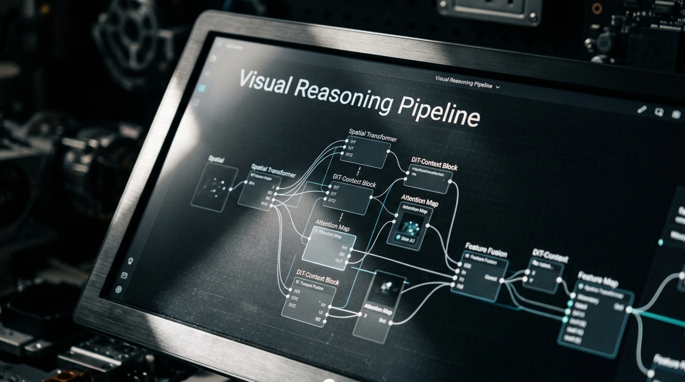 Macro view of a technical software interface showing web-grounded AI visual reasoning pathways