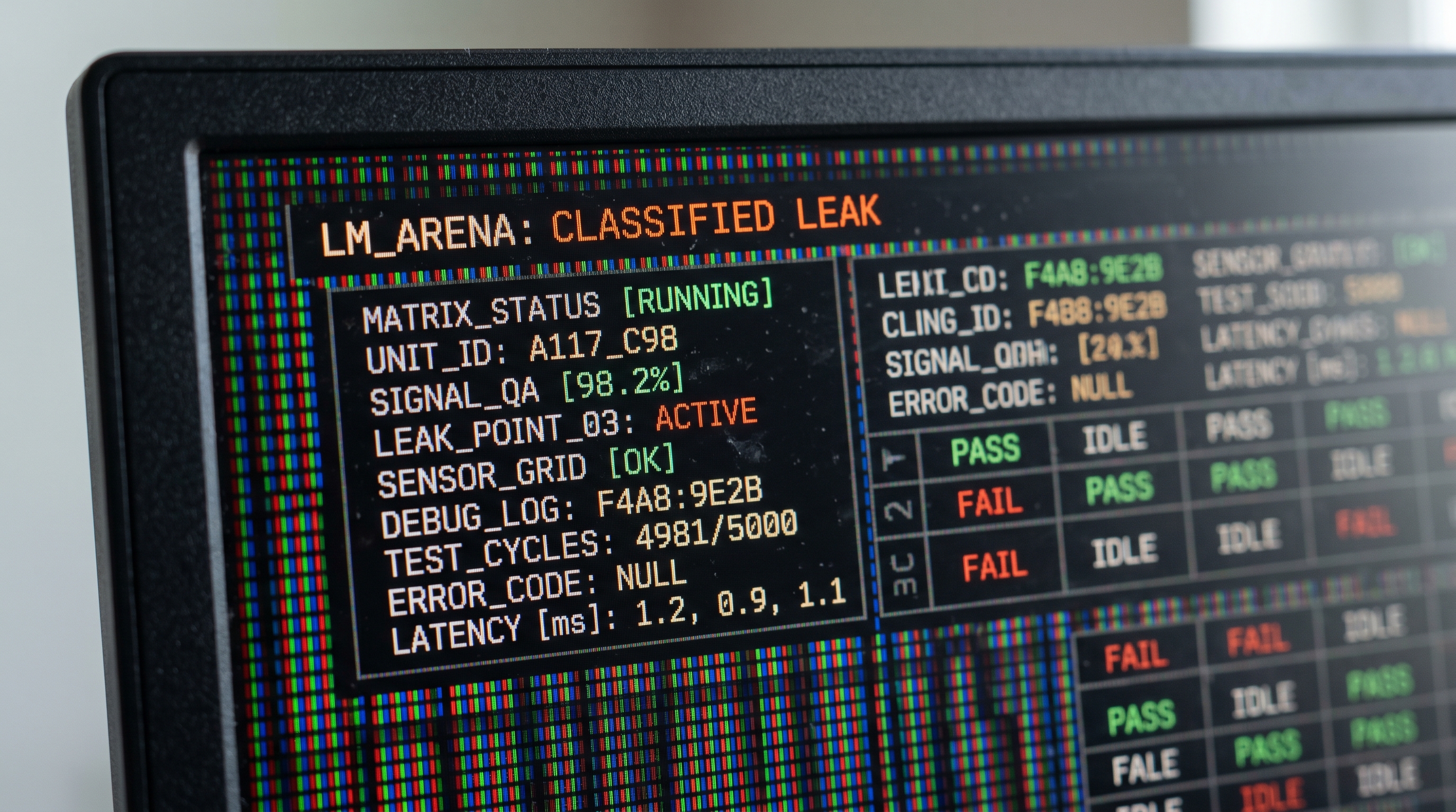 Macro shot of a testing UI matrix on a matte monitor showing leaked LM Arena codenames.