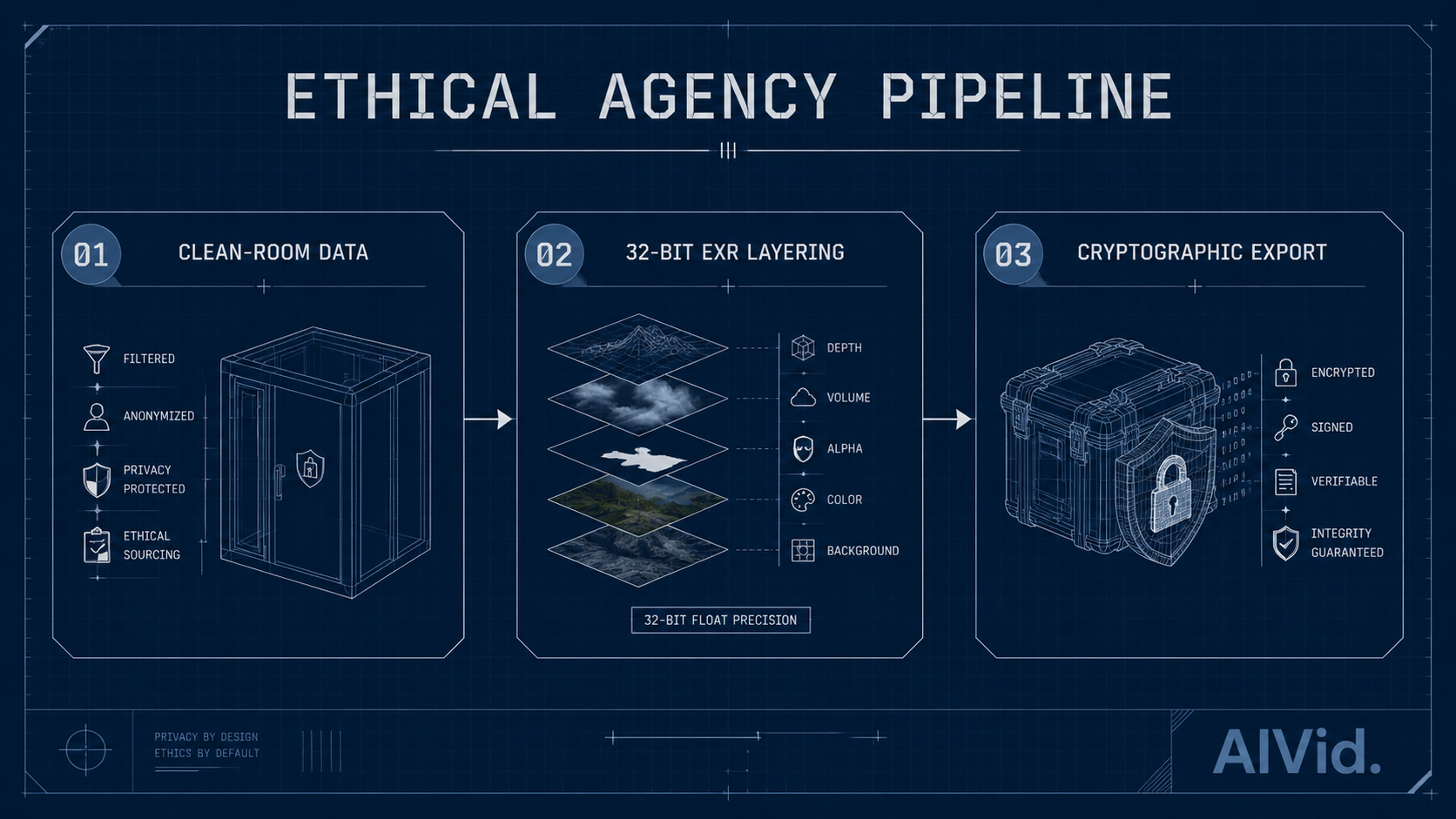 Step-by-step ethical AI agency workflow diagram for securing commercial rights and navigating ai art ethics. Step-by-step visual logic map for an ethical AI agency workflow. Flowing from 'Clean-room Data' to '32-bit EXR Layering' to 'Cryptographic Export'. Minimalist industrial design, blueprint aesthetic.