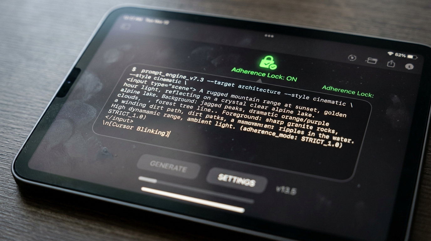Macro photography of a tablet screen showing an AI text prompt box with a highlighted adherence lock icon.