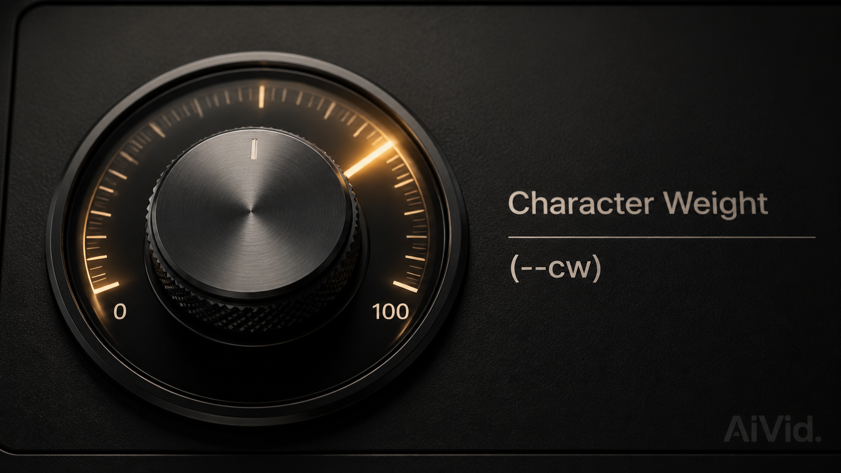 Alt Text: A high-end macro shot of a mechanical dial used for adjusting character weight in a midjourney cref tutorial context, showing numbers from 0 to 100. Caption: Mastering the Character Weight (--cw) parameter is the secret to locking your digital identity. Long Description: A technical macro photograph displaying a glass and metal knob set on a textured matte black surface. The dial illustrates the concept of adjusting visual weight for midjourney character creation, highlighting the cont