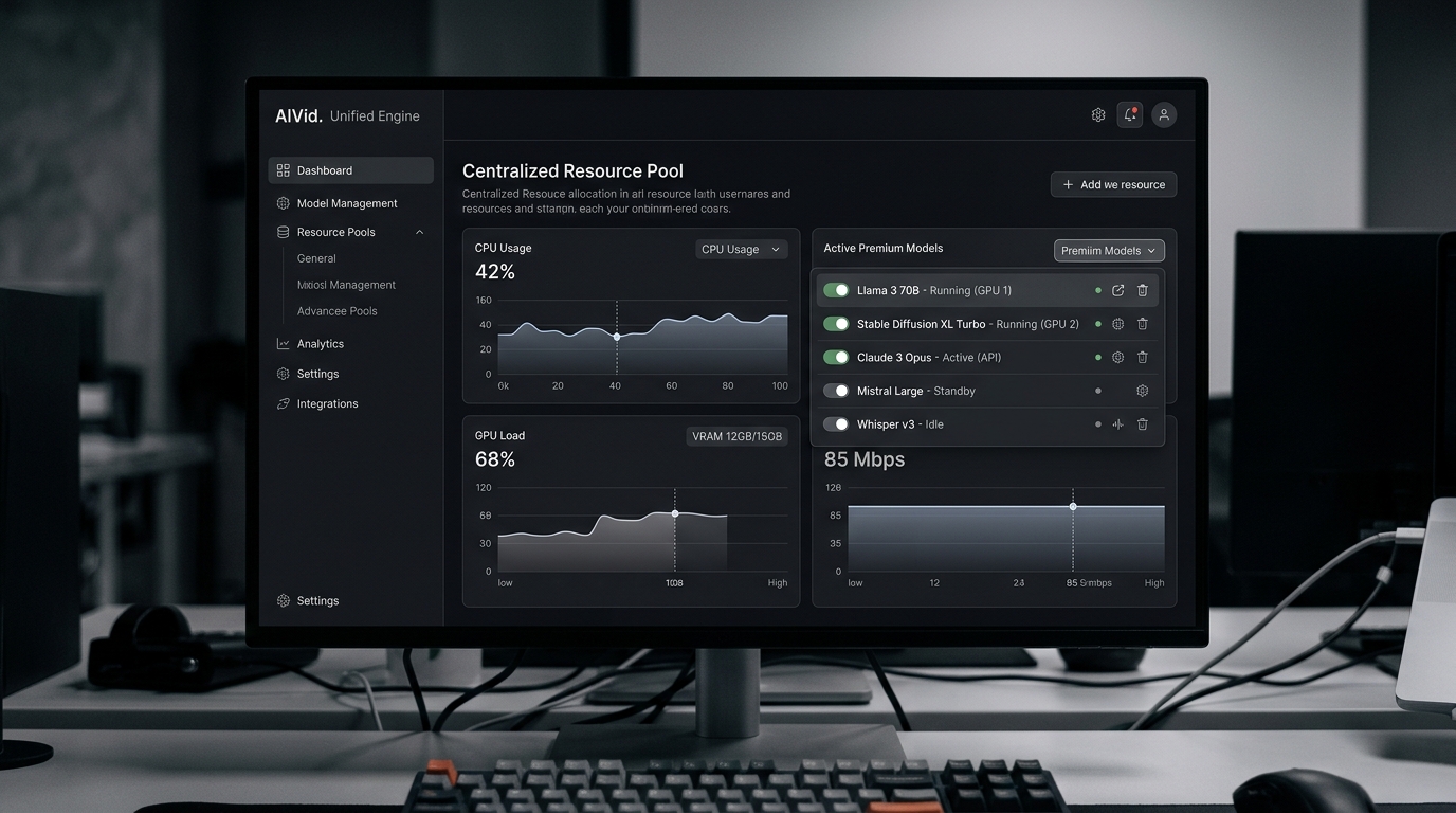The AIVid dark-mode unified dashboard showing multiple generative video models operating from a single interface.