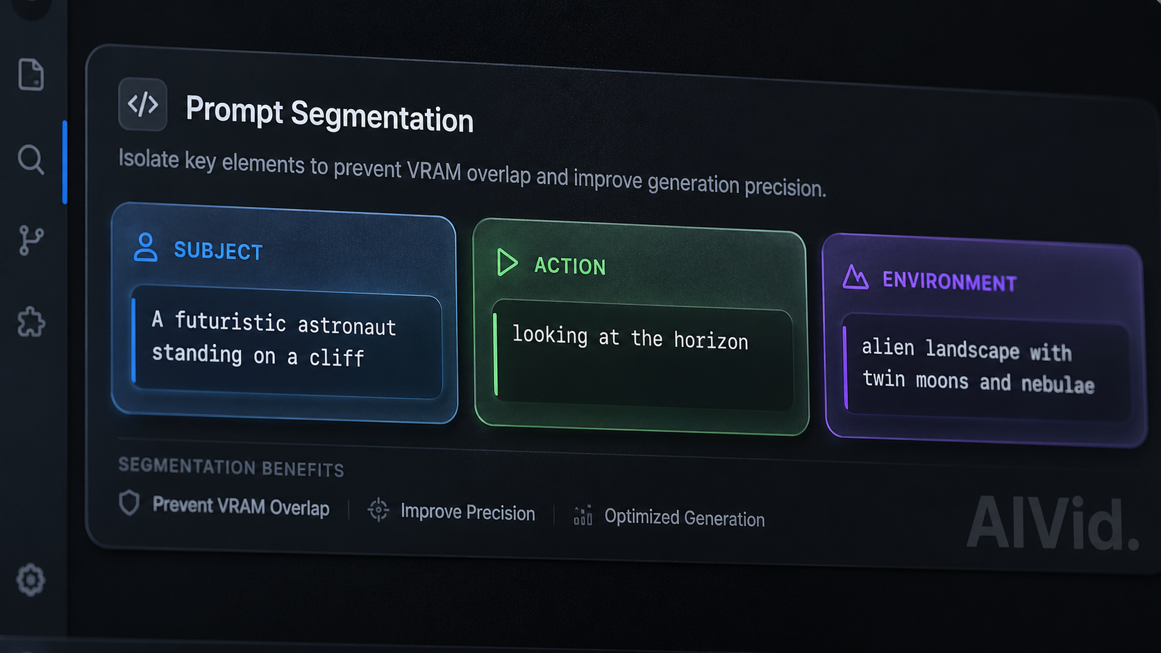 Macro view of a code editor UI detailing prompt segmentation techniques for advanced text to video ai. Prompt: [UI/UX Technical Shot] Macro shot of a code editor or prompt input UI showing 'Prompt Segmentation'. Subject, Action, and Environment are color-coded in separate, isolated text blocks to prevent VRAM overlap. Frosted glass and matte black textures. Integrated typography watermark: 'AIVid.'.