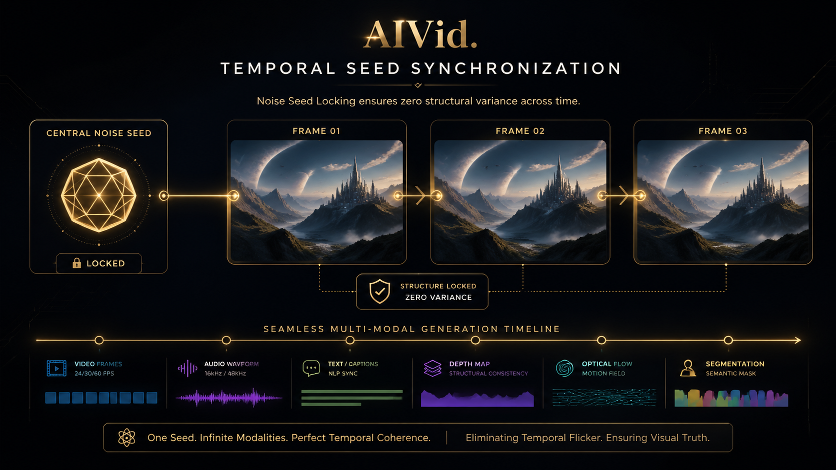 Workflow diagram illustrating how an integrated AI platform locks the noise seed to prevent temporal flickering during image to video upscaling. An elegant, dark-mode technical map demonstrating "Noise Seed Locking." A single golden geometric seed icon connects flawlessly to three sequential image frames, ensuring zero structural variance. A horizontal timeline underneath shows seamless multi-modal generation. High-end editorial aesthetic, deep shadows, crisp glowing lines.
