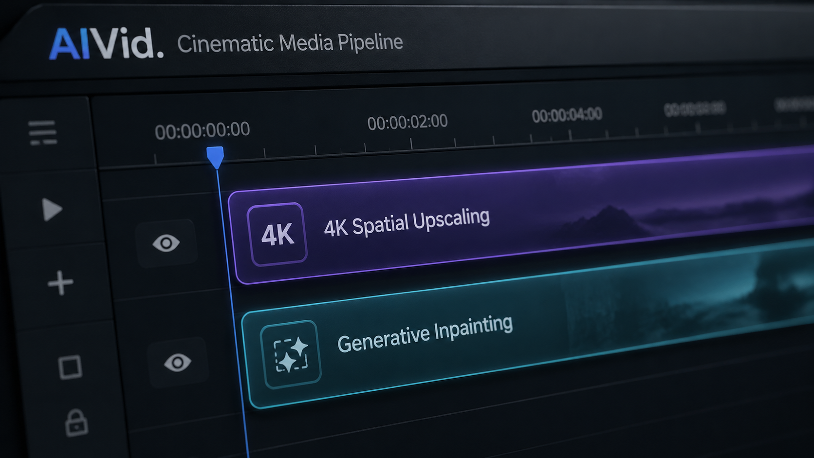 Interface of a generative AI property media pipeline processing high-fidelity virtual tours. Extreme macro shot of an advanced video generation timeline interface. The UI shows video tracks labeled '4K Spatial Upscaling' and 'Generative Inpainting', glowing slightly against a sleek dark-grey software panel. Integrated typography label: AIVid. Cinematic Media Pipeline.