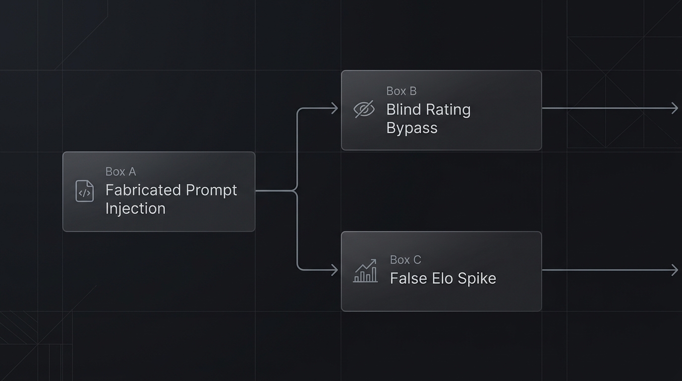 Workflow diagram explaining how blind AI Arena ranking systems can be manipulated with fabricated prompt data.