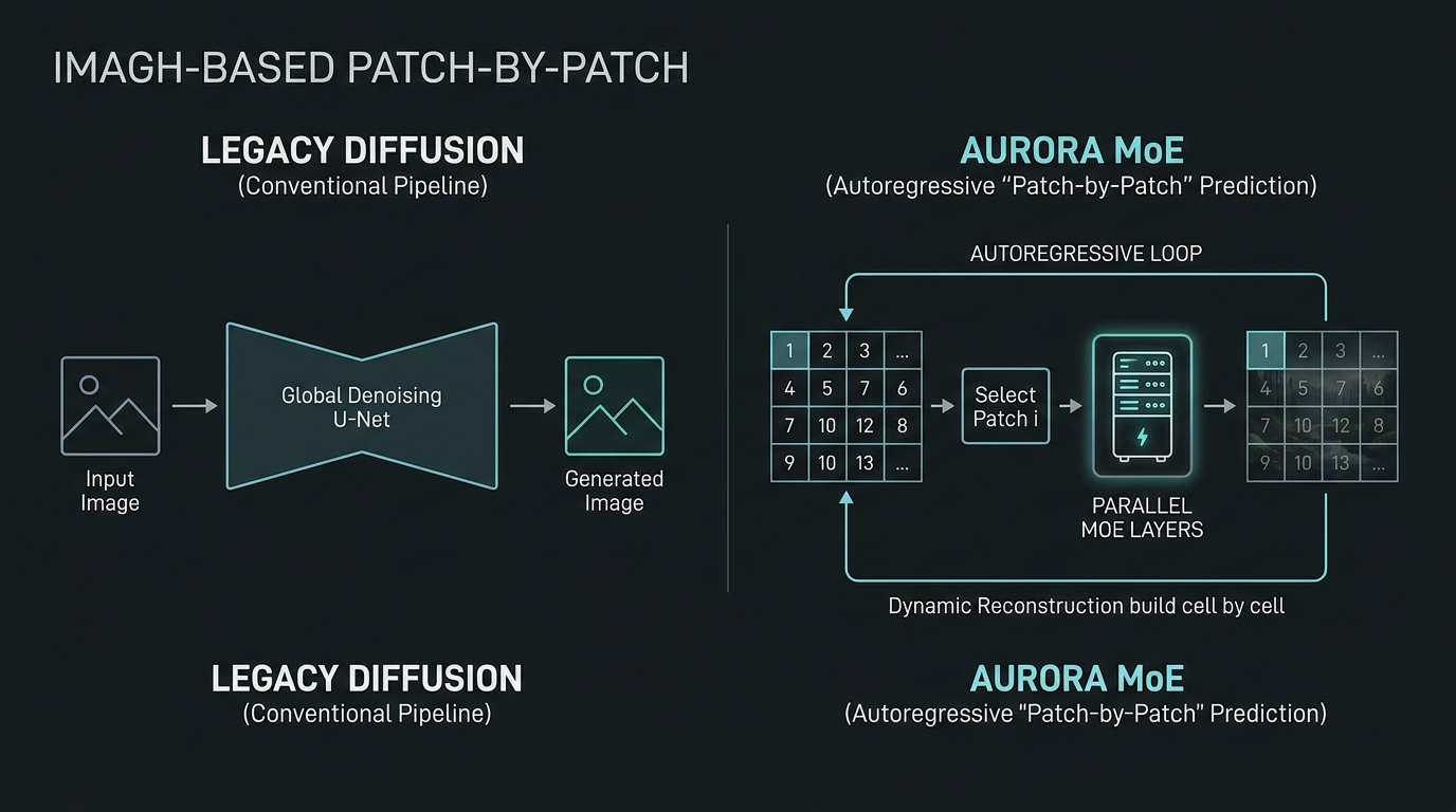 Technical workflow diagram comparing Legacy Diffusion models to the new xAI Aurora MoE architecture.