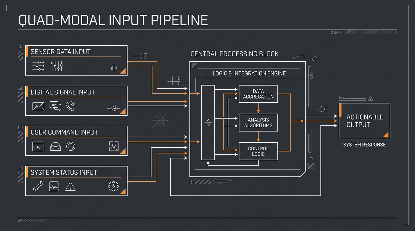 Technical workflow diagram illustrating the Quad-Modal input pipeline routing text, image, audio, and motion into a central node.