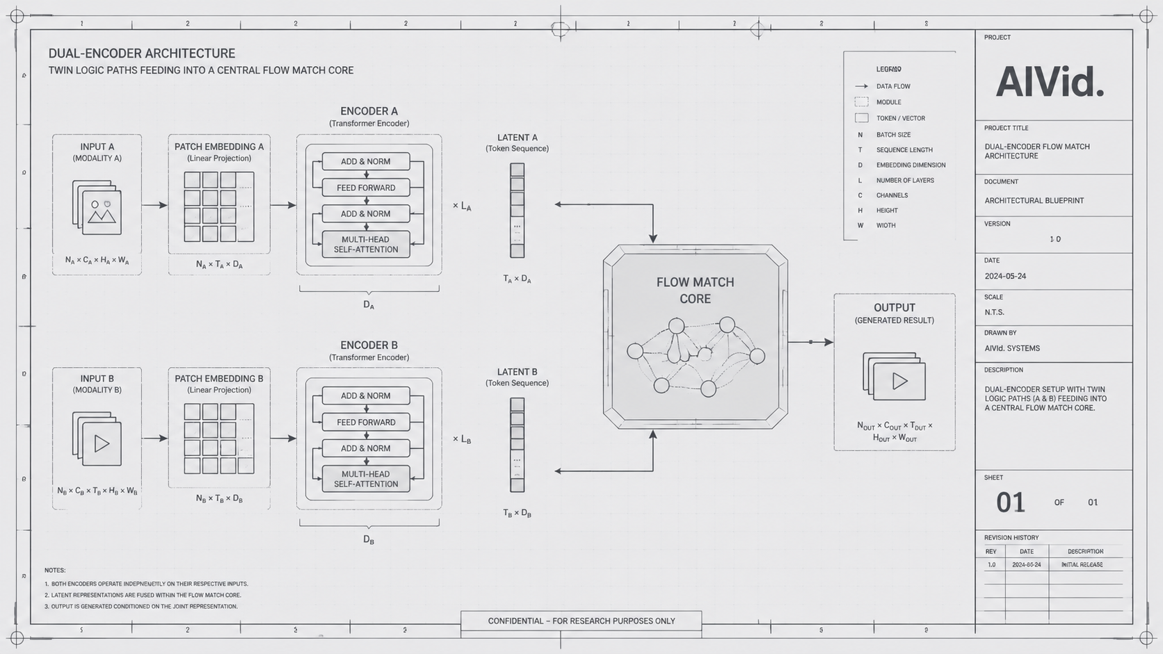 A visual blueprint of the mandatory comfyui flux setup requiring dual text encoders. [Workflow Diagram] A sophisticated architectural blueprint of a dual-encoder setup, showing twin logic paths feeding into a central Flow Match core. Technical, muted grays and whites. 'AIVid.' typography embedded directly into the blueprint title block.