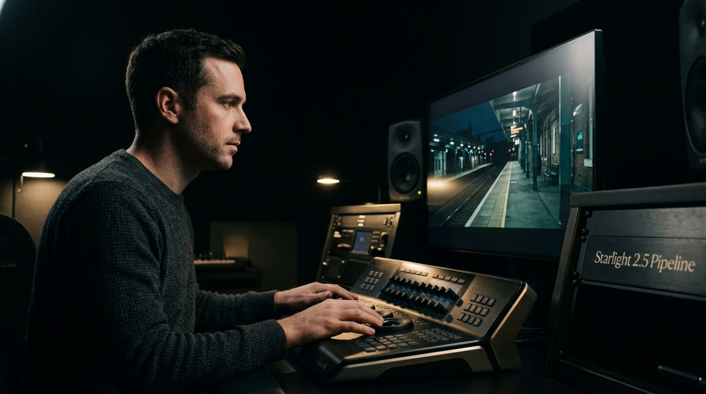 Professional video editor working in a dark color grading suite with a 4K monitor displaying Topaz Starlight 2.5.