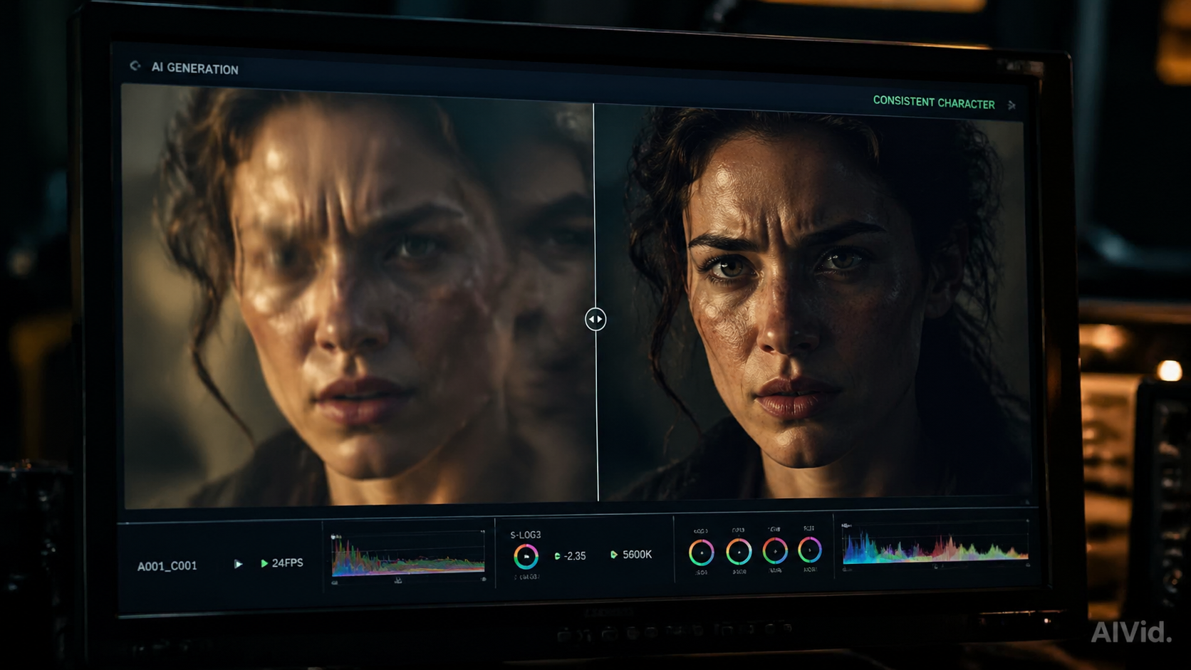A split-screen comparison on a studio monitor demonstrating identity drift versus flawless face consistency AI in video generation. A 16:9 cinematic macro shot showing a split screen on a high-end color grading monitor. Left side shows a blurred, morphing character face. Right side shows a razor-sharp, perfectly consistent character face. Subtle 'AIVid.' watermark in the bottom corner. Chiaroscuro lighting, professional studio environment.