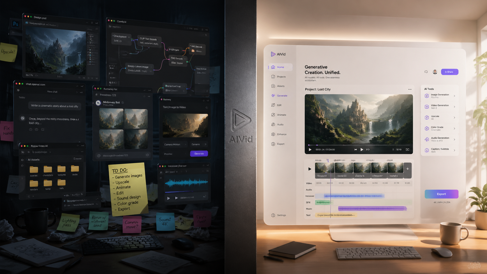 Before and after split showing the inefficiency of app-hopping versus a unified AI video editing pipeline for YouTube Shorts. Architectural split-screen comparing a chaotic, fragmented multi-app interface on the left with a clean, unified generative ecosystem on the right, showcasing stark lighting differences and organized workspace aesthetics, AIVid. subtle watermark etched into the central divider.