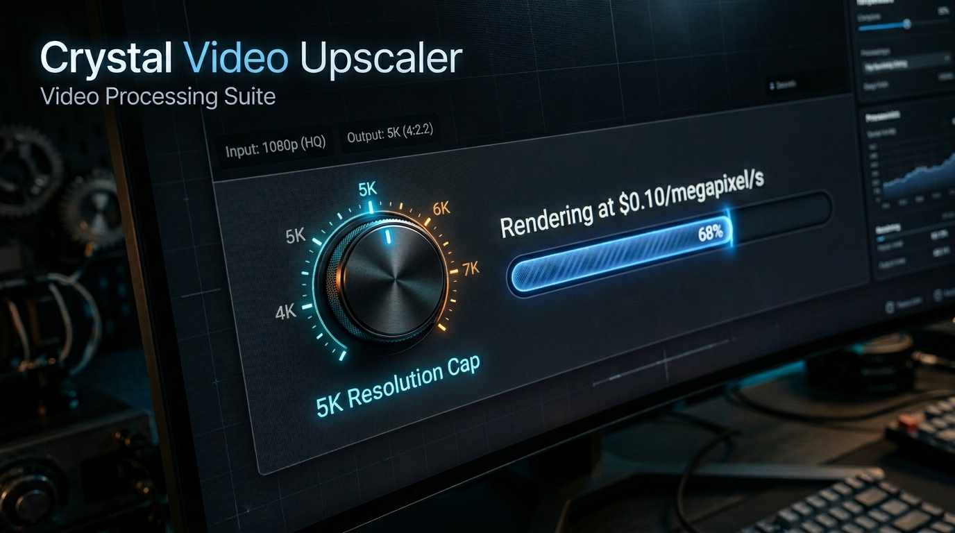 Dark mode interface of the Crystal Video Upscaler tool locked at a strict 5K resolution cap.