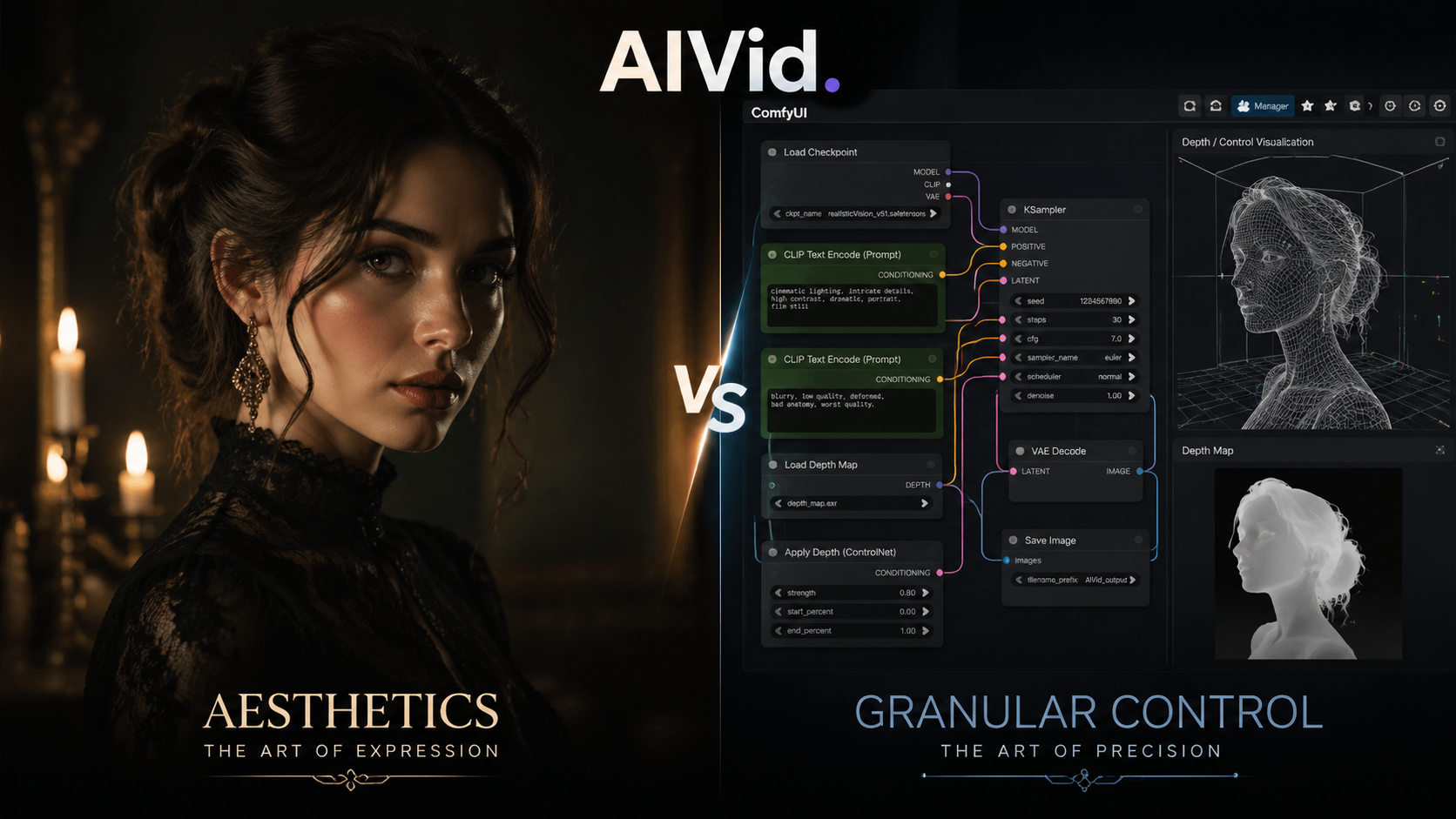 Split comparison showing Midjourney's aesthetic-first AI image generation versus Stable Diffusion's granular node-based ControlNet workflow. A 1:1 split image representing two opposing workflows. The left side shows a breathtaking, moody cinematic portrait of a woman. The right side shows a highly technical, node-based ComfyUI interface mapping depth nodes over a 3D wireframe. Chiaroscuro lighting, crisp high-resolution details.