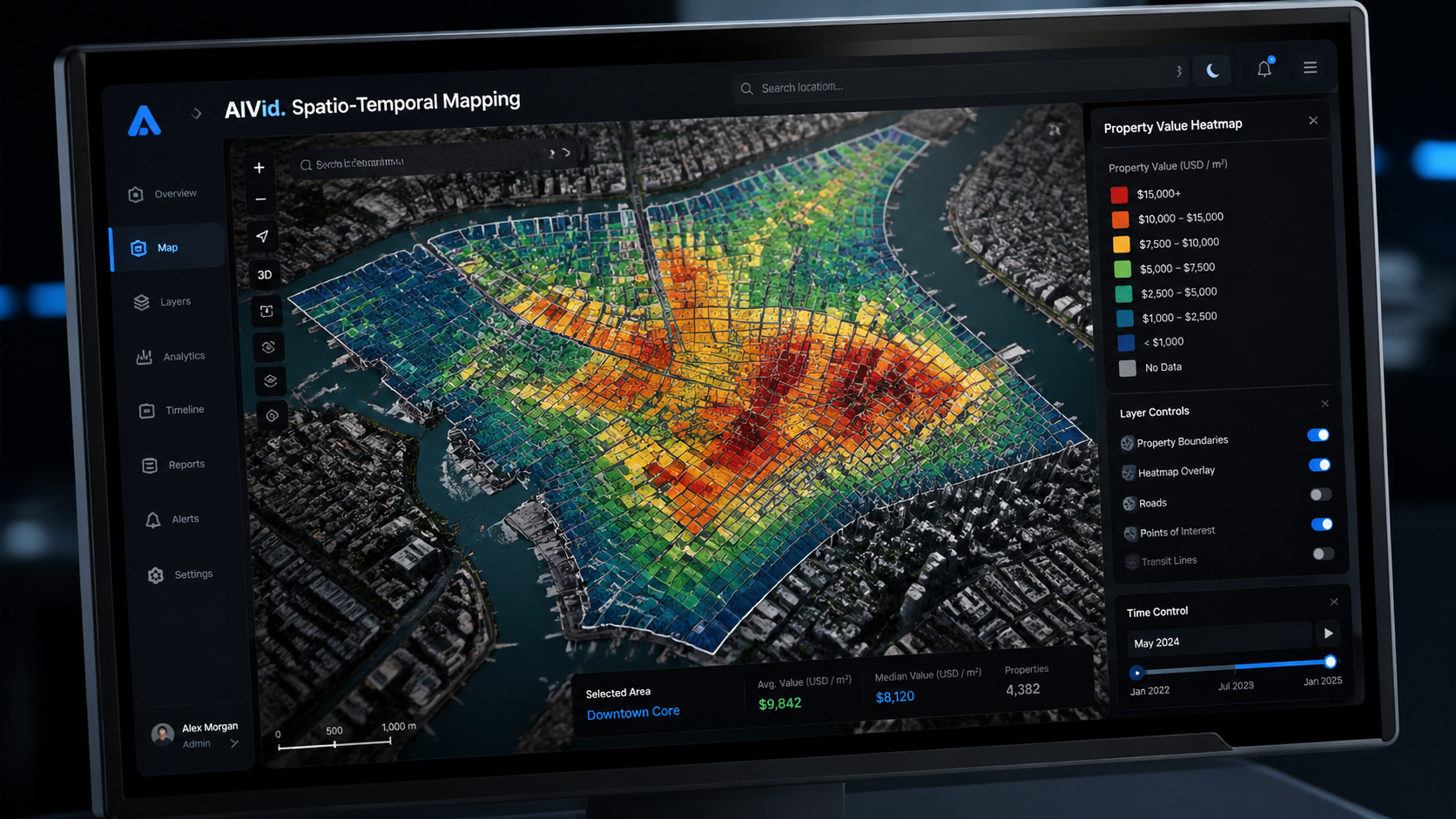 Geospatial AI in real estate mapping interface showing hyper-local predictive property valuation trends. Ultra-detailed macro shot of a real estate geospatial software interface showing heatmaps of property values over a satellite city view. Dark mode, sharp typography, cinematic studio lighting highlighting the bezel of the monitor. Integrated typography label: AIVid. Spatio-Temporal Mapping.