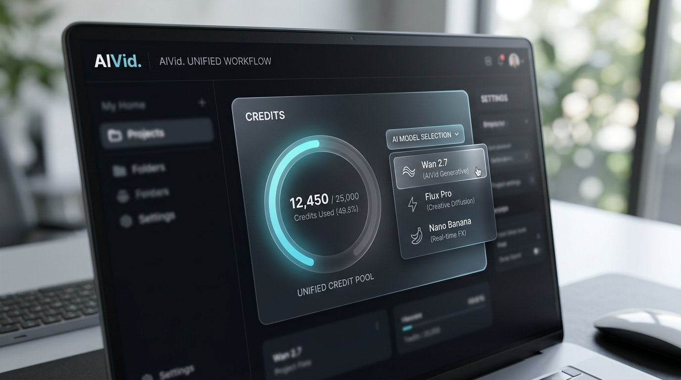AIVid platform dashboard showing the Unified Credit System and seamless switching between Wan 2.7, Flux Pro, and Nano Banana.